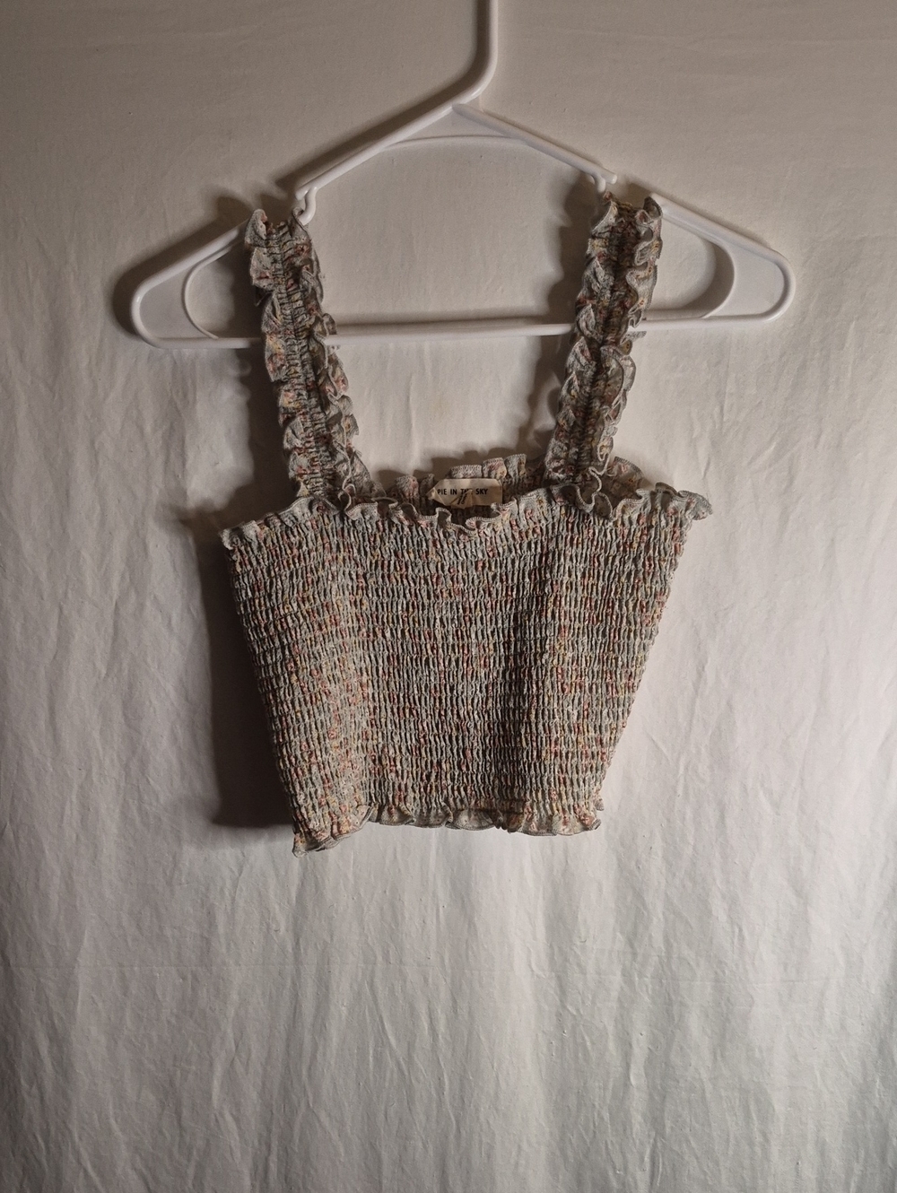 Smocked Ruffle-Strap Crop Top - Beige with Multicolor Speckle